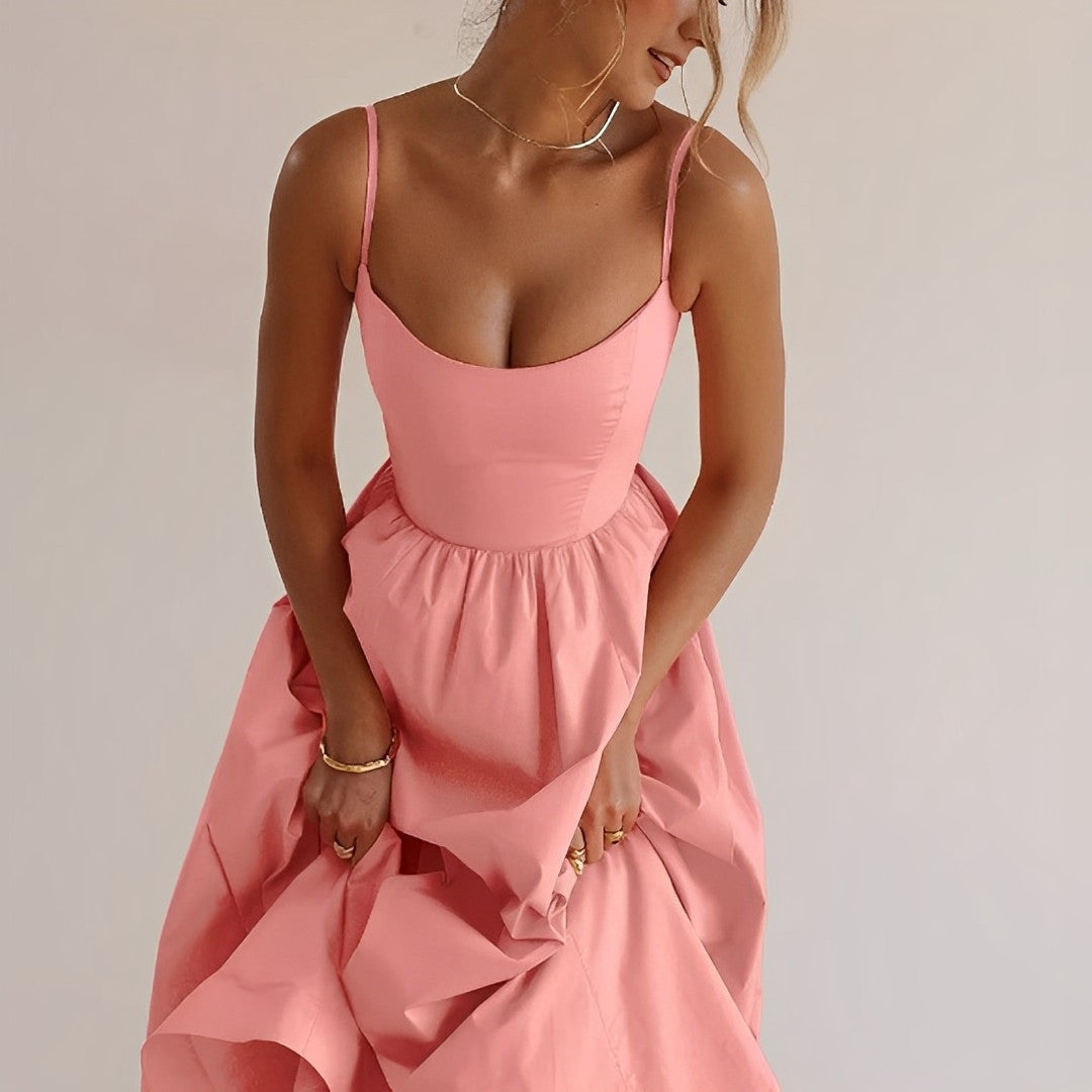 "Robe midi élégante pour femmes, sans manches, jupe fluide A-line, style chic et raffiné, parfaite pour toutes occasions."