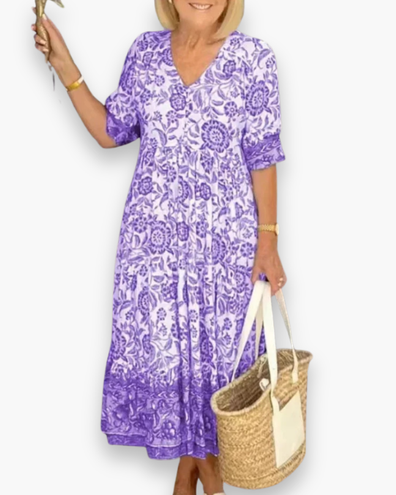 "Robe midi fleurie élégante, col V, motifs floraux raffinés, coupe fluide, femme, quotidien ou événements spéciaux."