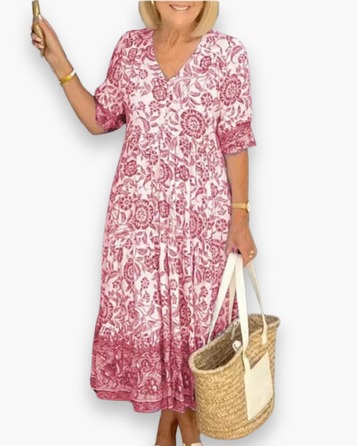 "Robe midi fleurie élégante, col V, motifs floraux raffinés, coupe fluide, femme, quotidien ou événements spéciaux."