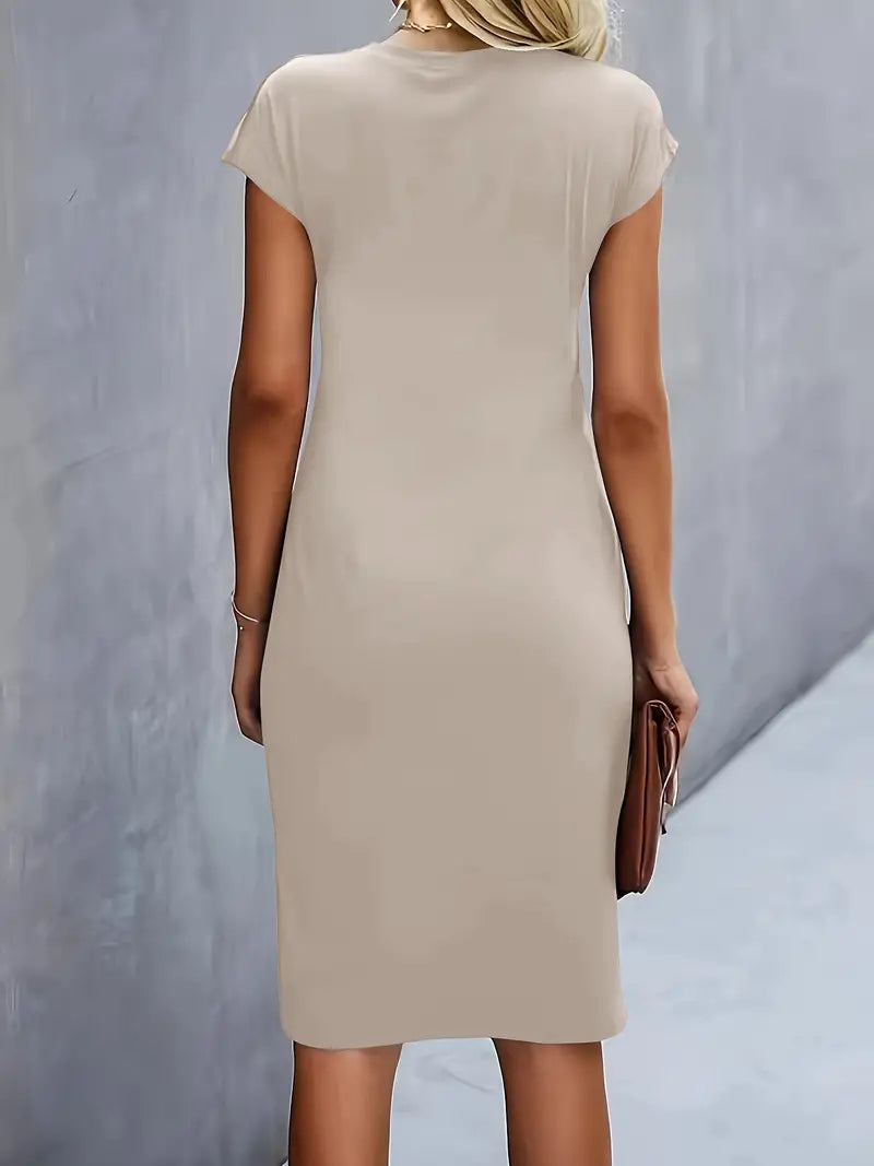 "Robe midi Mylène femme élégante polyvalente, col rond, taille ajustée, diverses couleurs, silhouette flatteuse."
