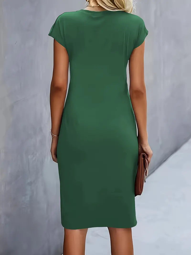 "Robe midi Mylène femme élégante polyvalente, col rond, taille ajustée, diverses couleurs, silhouette flatteuse."