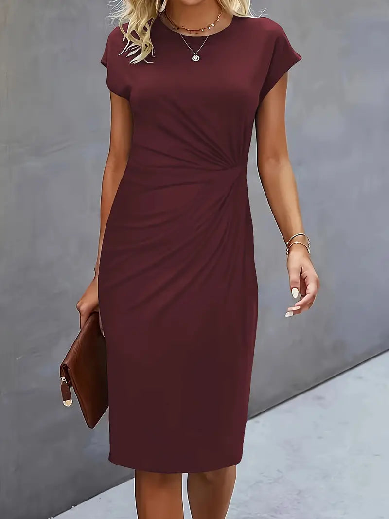 "Robe midi Mylène femme élégante polyvalente, col rond, taille ajustée, diverses couleurs, silhouette flatteuse."