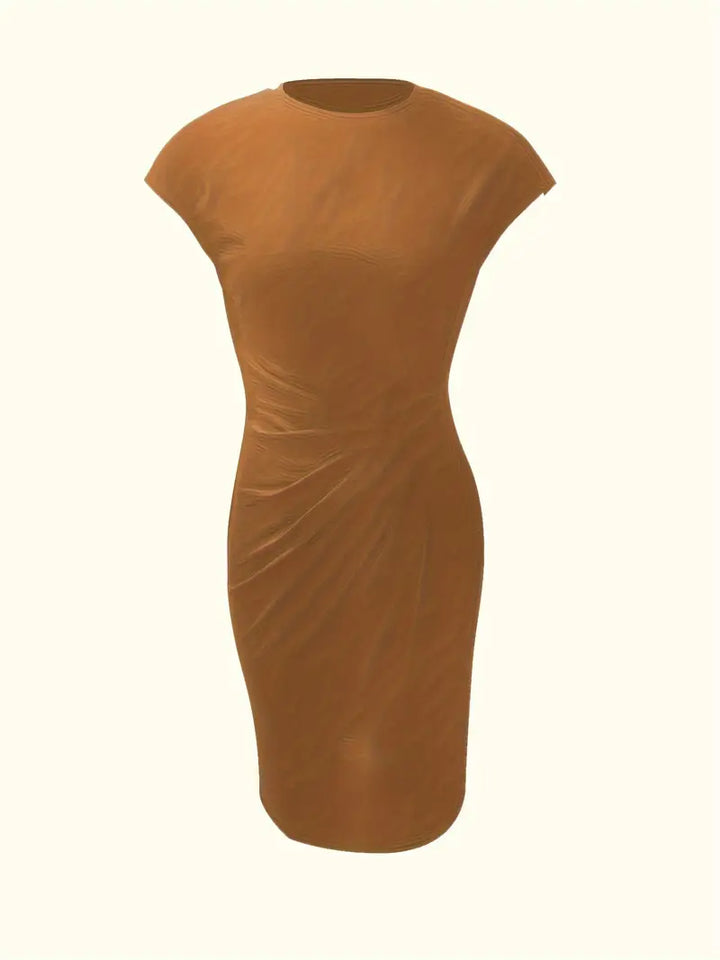 "Robe midi Mylène femme élégante polyvalente, col rond, taille ajustée, diverses couleurs, silhouette flatteuse."