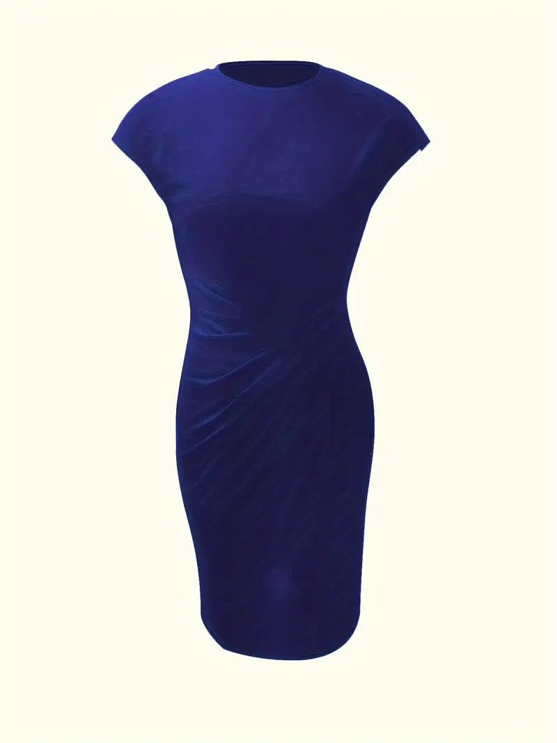 "Robe midi Mylène femme élégante polyvalente, col rond, taille ajustée, diverses couleurs, silhouette flatteuse."