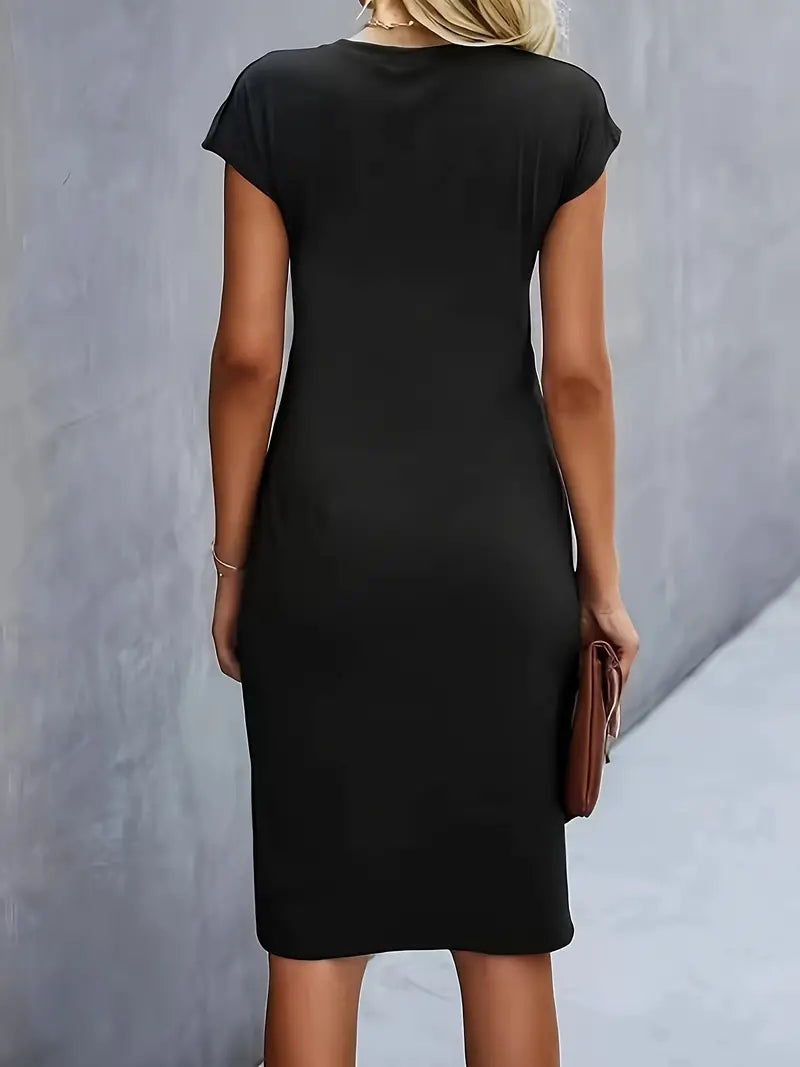 "Robe midi Mylène femme élégante polyvalente, col rond, taille ajustée, diverses couleurs, silhouette flatteuse."