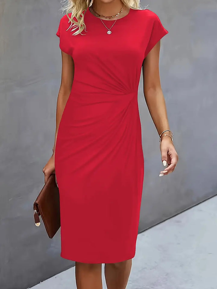 "Robe midi Mylène femme élégante polyvalente, col rond, taille ajustée, diverses couleurs, silhouette flatteuse."