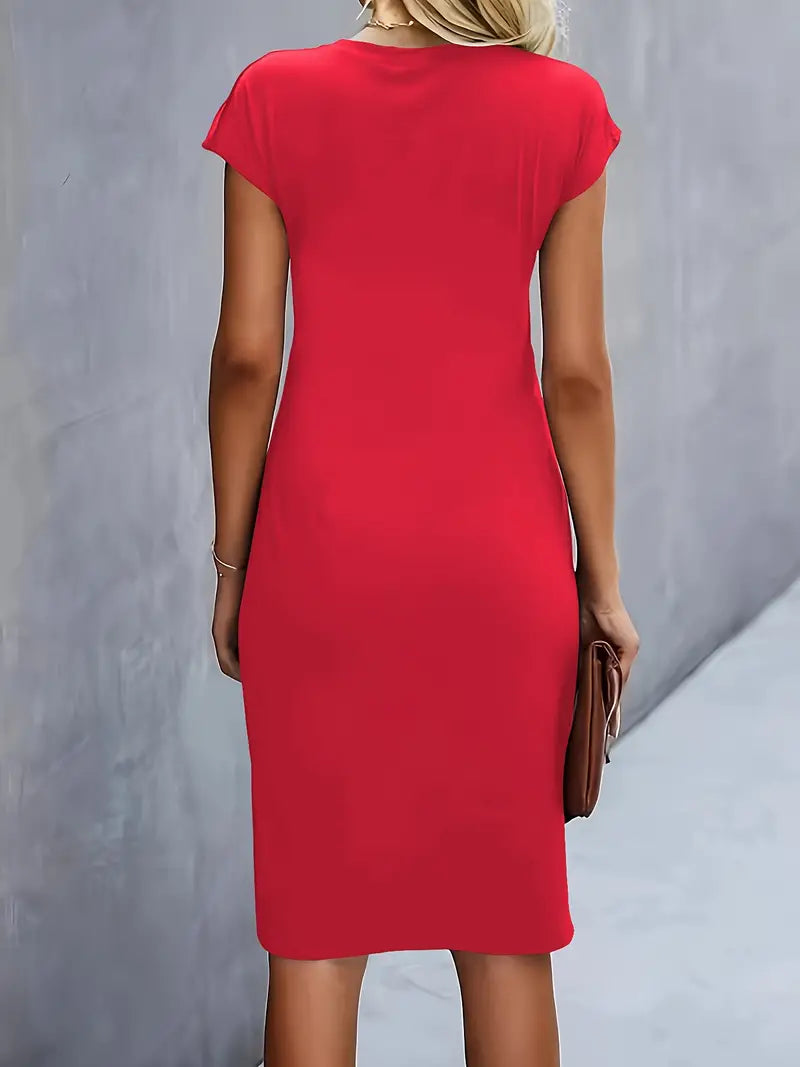 "Robe midi Mylène femme élégante polyvalente, col rond, taille ajustée, diverses couleurs, silhouette flatteuse."