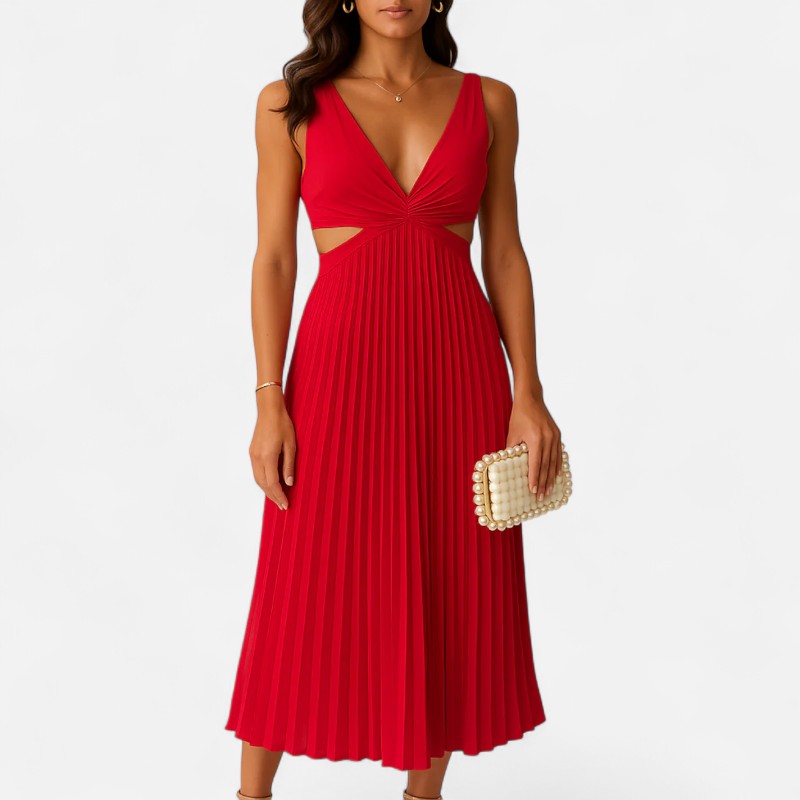 "Robe midi plissée en satin jaune avec décolleté en V et découpes latérales, élégante et moderne pour femmes."