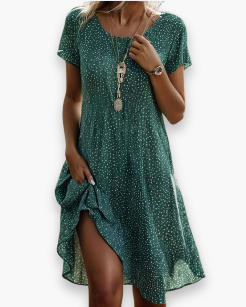 "Robe midi vintage élégante femme, style intemporel, chic et polyvalente, coupe flatteuse pour été."