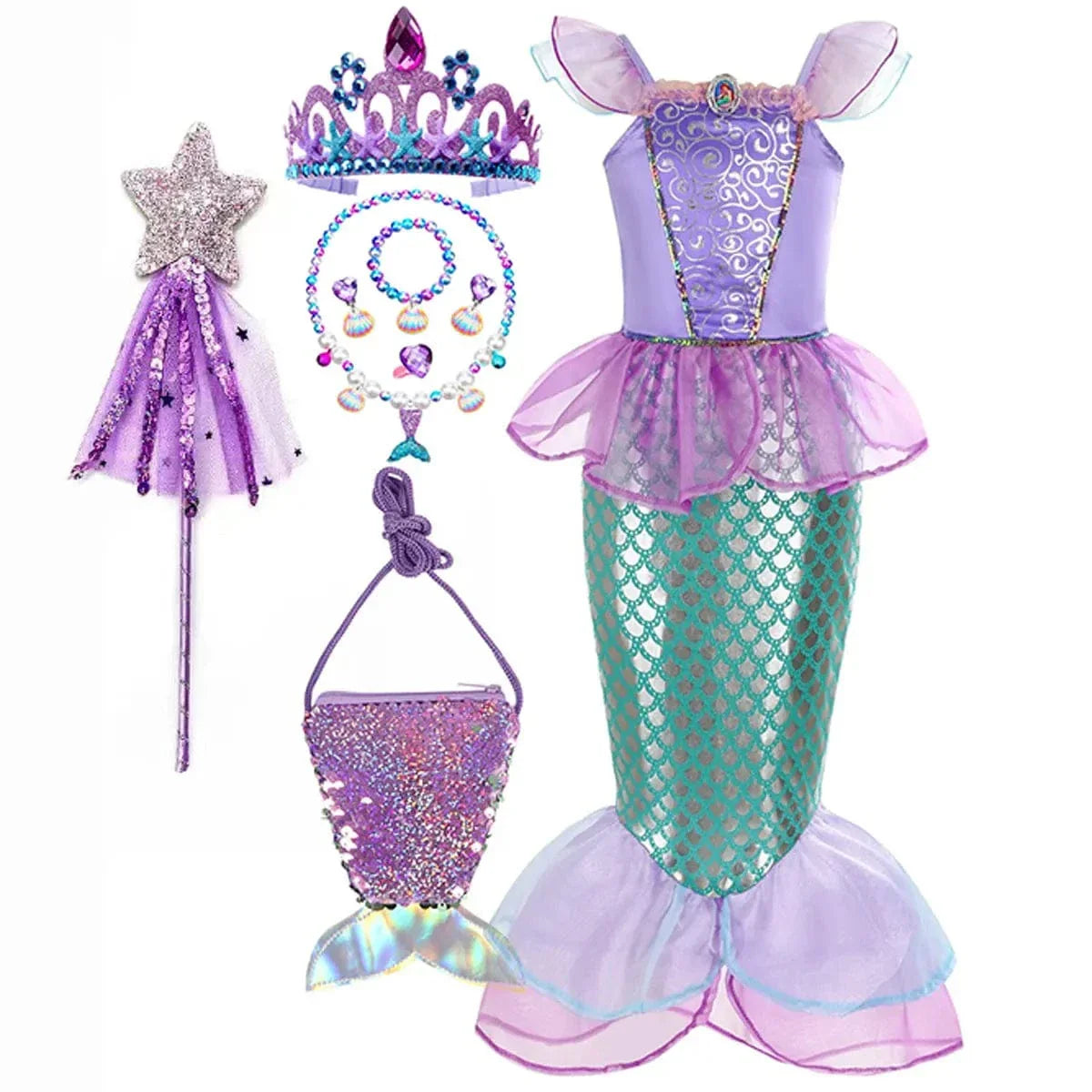 Robe sirène enfant féerique, inspirée Ariel, élégante avec détails brillants, idéale anniversaire et carnaval.