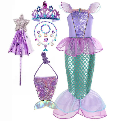 Robe sirène enfant féerique, inspirée Ariel, élégante avec détails brillants, idéale anniversaire et carnaval.