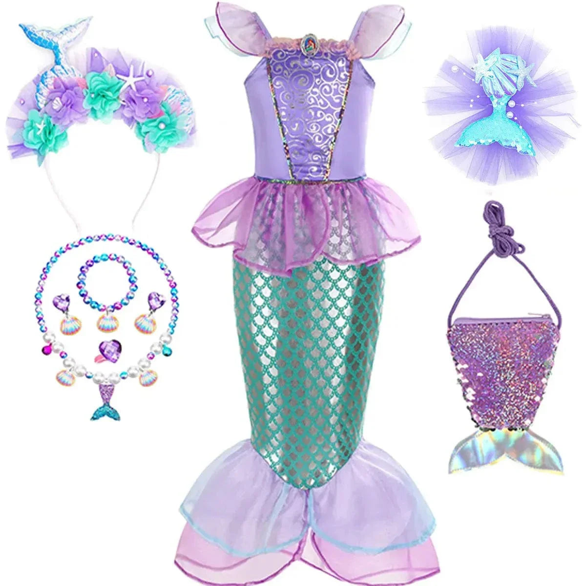 Robe sirène enfant féerique, inspirée Ariel, élégante avec détails brillants, idéale anniversaire et carnaval.