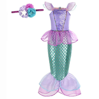Robe sirène enfant féerique, inspirée Ariel, élégante avec détails brillants, idéale anniversaire et carnaval.