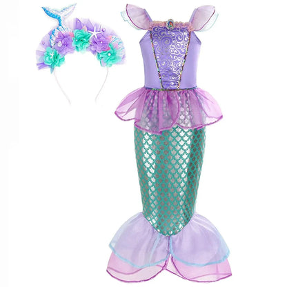 Robe sirène enfant féerique, inspirée Ariel, élégante avec détails brillants, idéale anniversaire et carnaval.