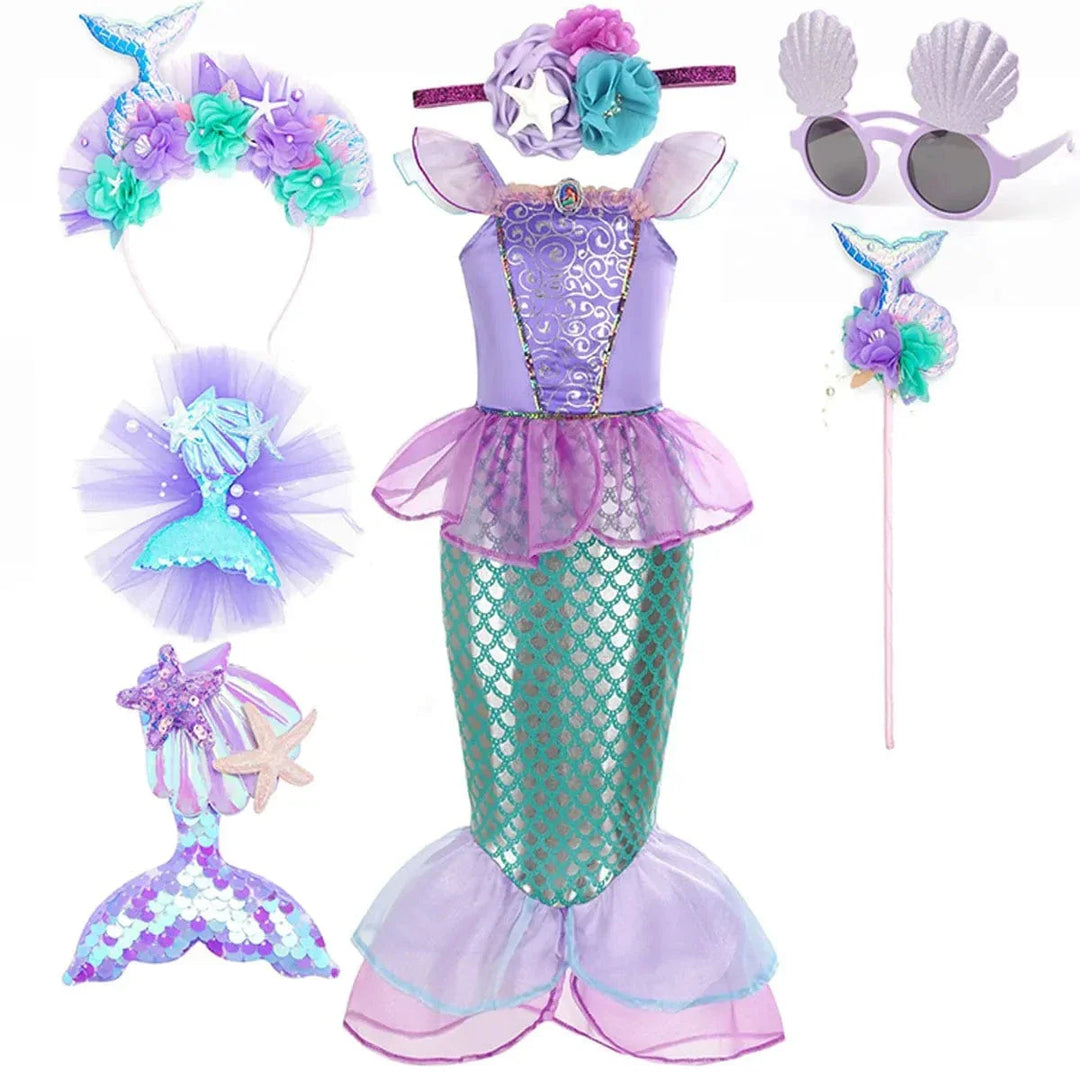 Robe sirène enfant féerique, inspirée Ariel, élégante avec détails brillants, idéale anniversaire et carnaval.