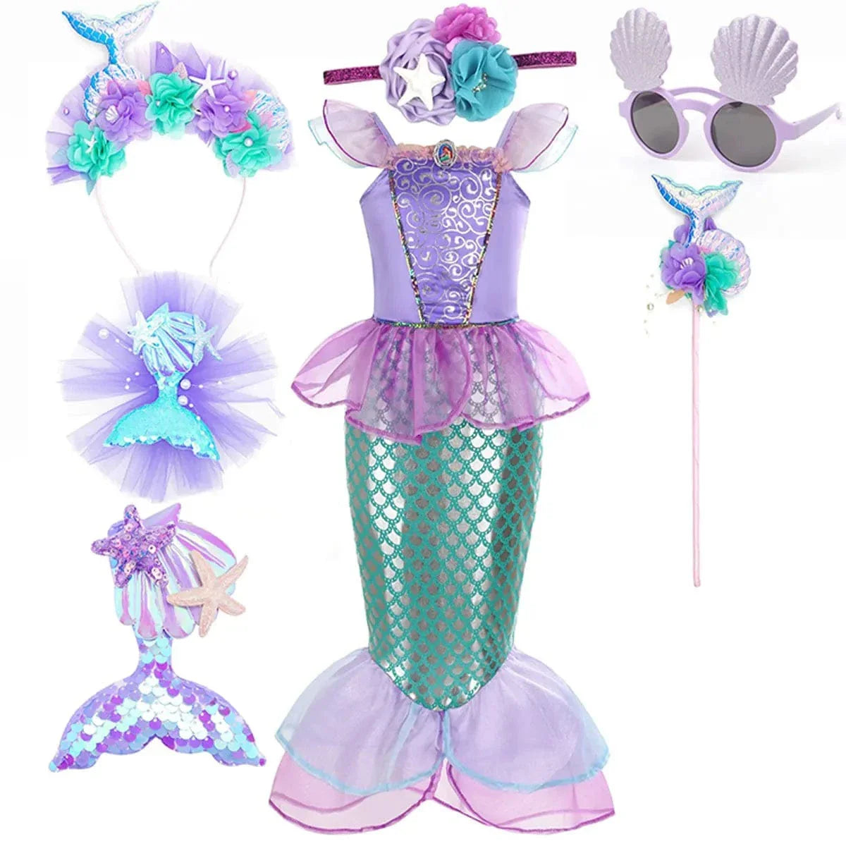 Robe sirène enfant féerique, inspirée Ariel, élégante avec détails brillants, idéale anniversaire et carnaval.