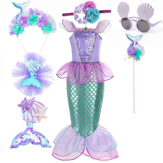 Robe sirène enfant féerique, inspirée Ariel, élégante avec détails brillants, idéale anniversaire et carnaval.