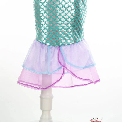 Robe sirène enfant féerique, inspirée Ariel, élégante avec détails brillants, idéale anniversaire et carnaval.