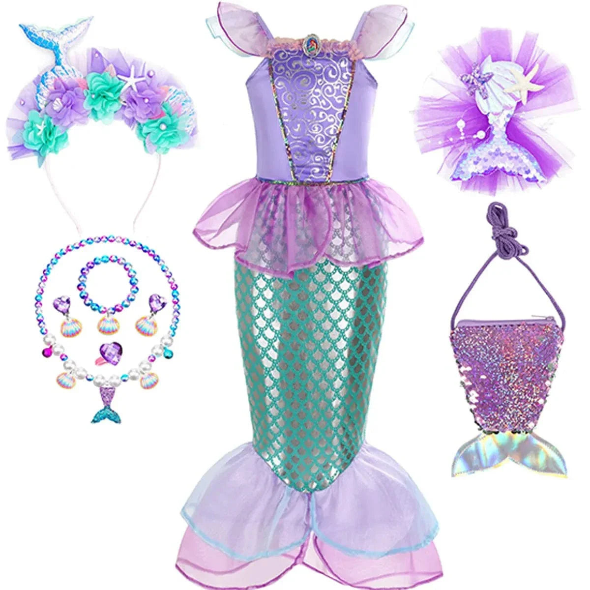 Robe sirène enfant féerique, inspirée Ariel, élégante avec détails brillants, idéale anniversaire et carnaval.