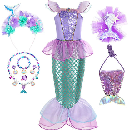 Robe sirène enfant féerique, inspirée Ariel, élégante avec détails brillants, idéale anniversaire et carnaval.