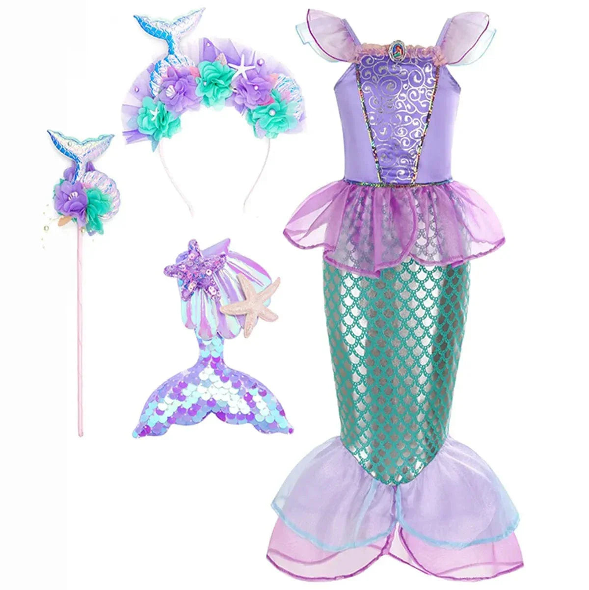 Robe sirène enfant féerique, inspirée Ariel, élégante avec détails brillants, idéale anniversaire et carnaval.