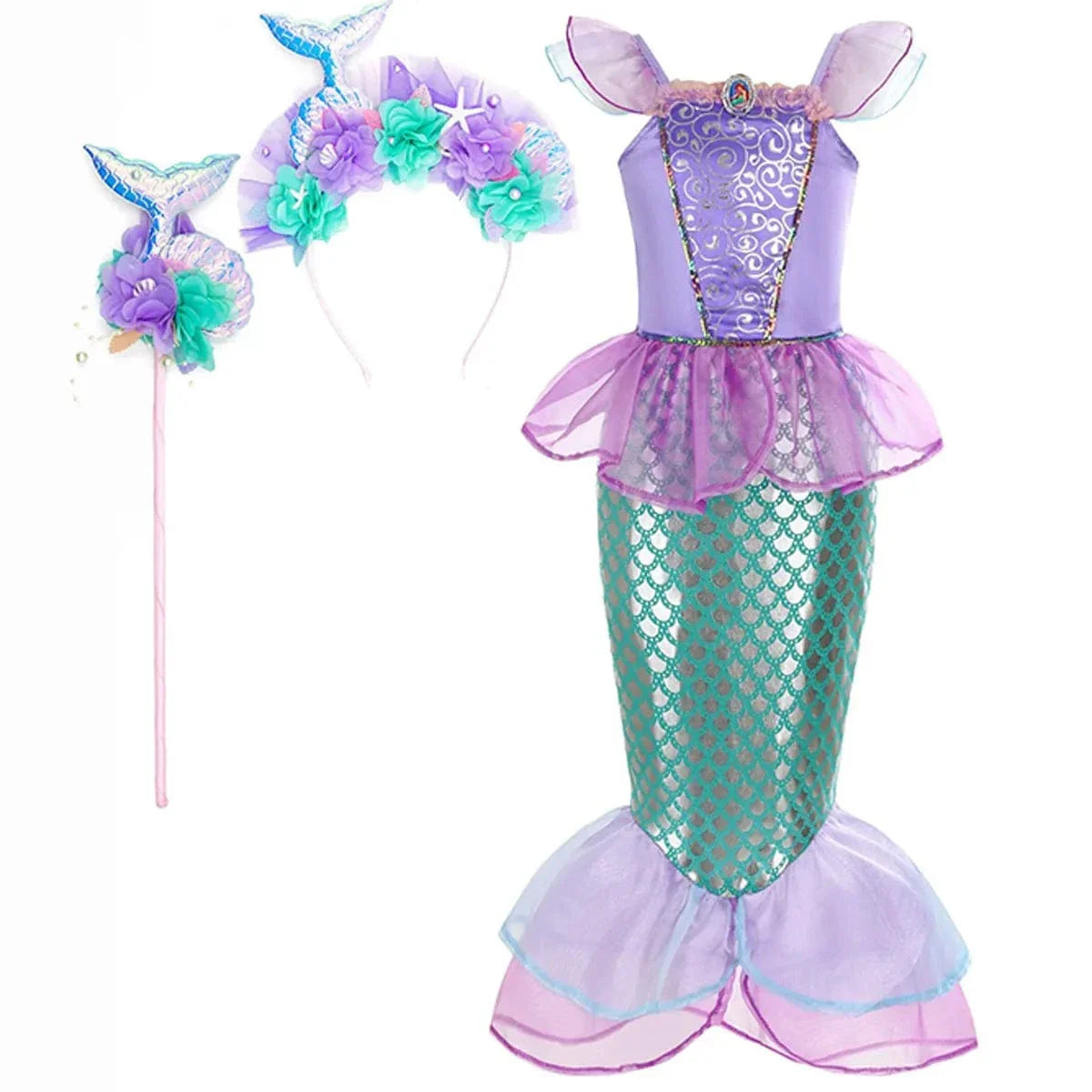 Robe sirène enfant féerique, inspirée Ariel, élégante avec détails brillants, idéale anniversaire et carnaval.