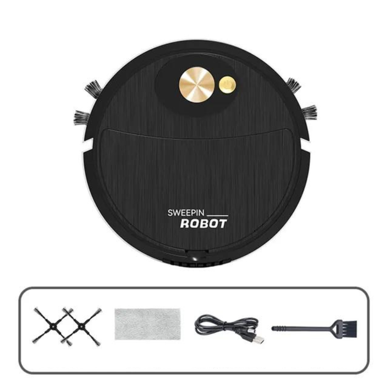 Robot aspirateur 3-en-1 noir et blanc, design compact, aspire, balaye, lave, idéal pour nettoyage maison efficace et silencie