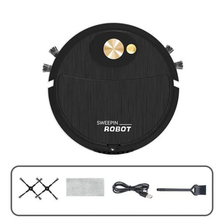 Robot aspirateur 3-en-1 noir et blanc, design compact, aspire, balaye, lave, idéal pour nettoyage maison efficace et silencie