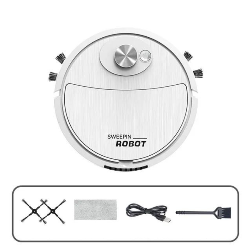 Robot aspirateur 3-en-1 noir et blanc, design compact, aspire, balaye, lave, idéal pour nettoyage maison efficace et silencie