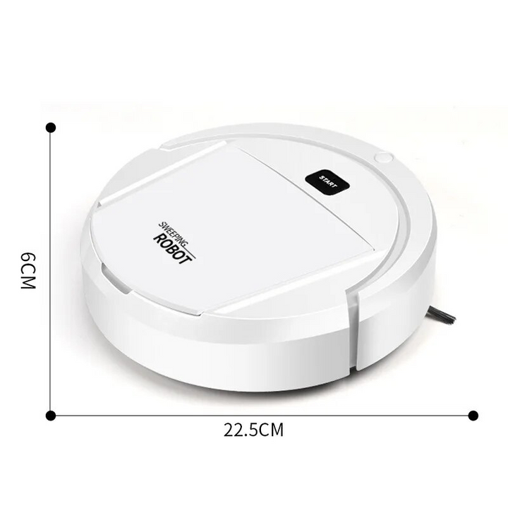 Robot aspirateur 3-en-1 noir et blanc, design compact, aspire, balaye, lave, idéal pour nettoyage maison efficace et silencie