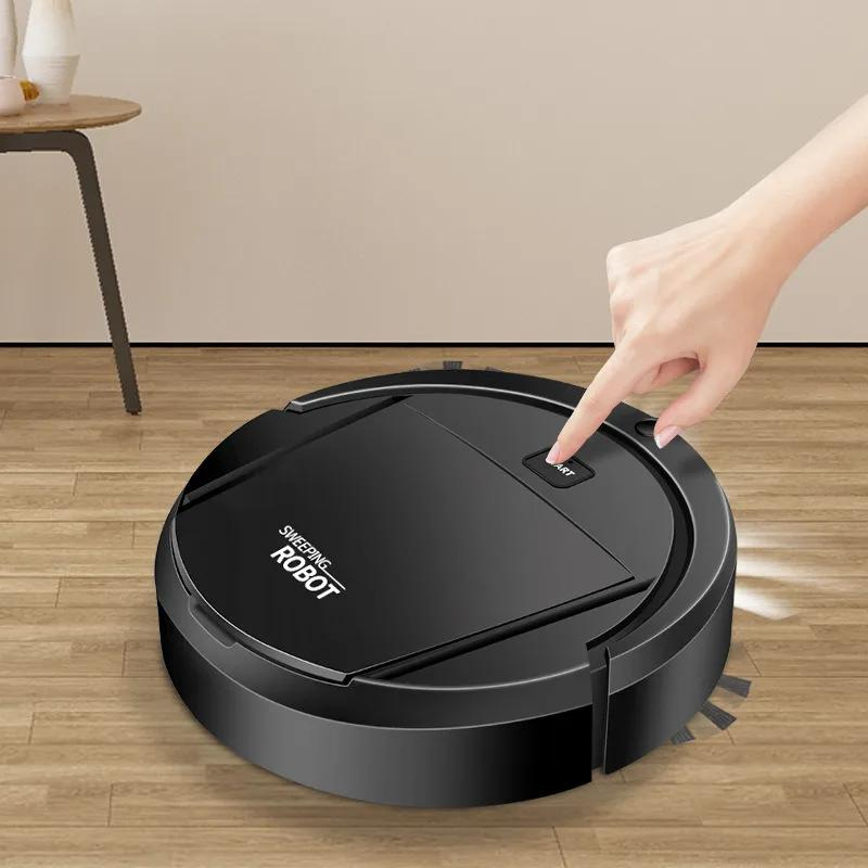 Robot aspirateur 3-en-1 noir et blanc, design compact, aspire, balaye, lave, idéal pour nettoyage maison efficace et silencie