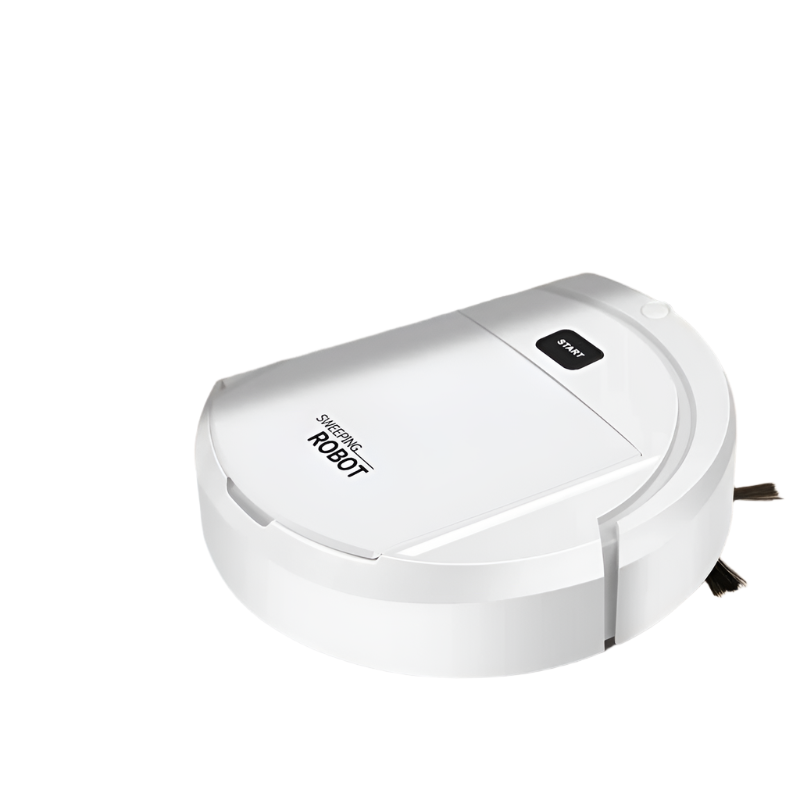Robot aspirateur 3-en-1 noir et blanc, design compact, aspire, balaye, lave, idéal pour nettoyage maison efficace et silencie