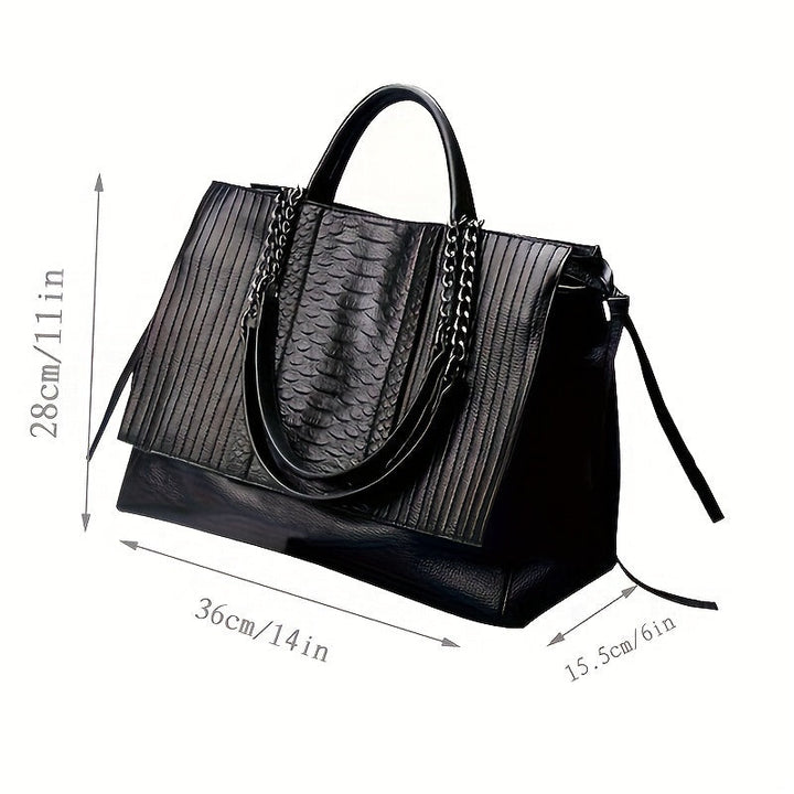 Sac à bandoulière noir élégant pour femmes, grand format avec compartiments, en cuir synthétique, style moderne chic.