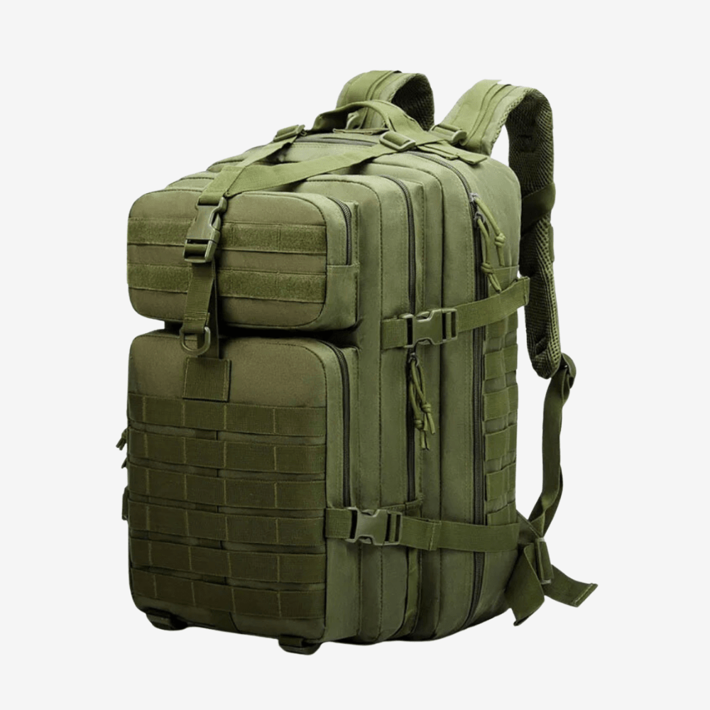 "Sac à dos étanche 50L en nylon robuste, trois compartiments, système MOLLE, idéal pour plein air et randonnées."