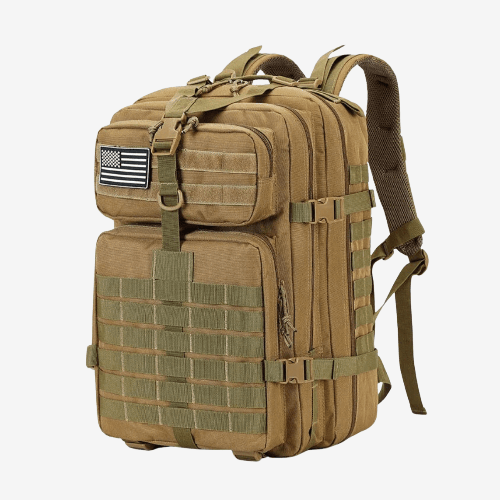 "Sac à dos étanche 50L en nylon robuste, trois compartiments, système MOLLE, idéal pour plein air et randonnées."