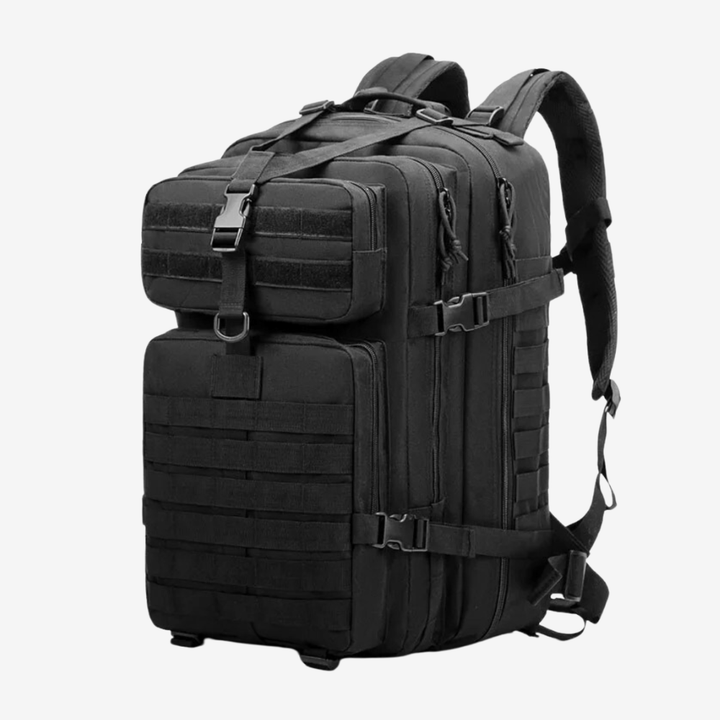 "Sac à dos étanche 50L en nylon robuste, trois compartiments, système MOLLE, idéal pour plein air et randonnées."