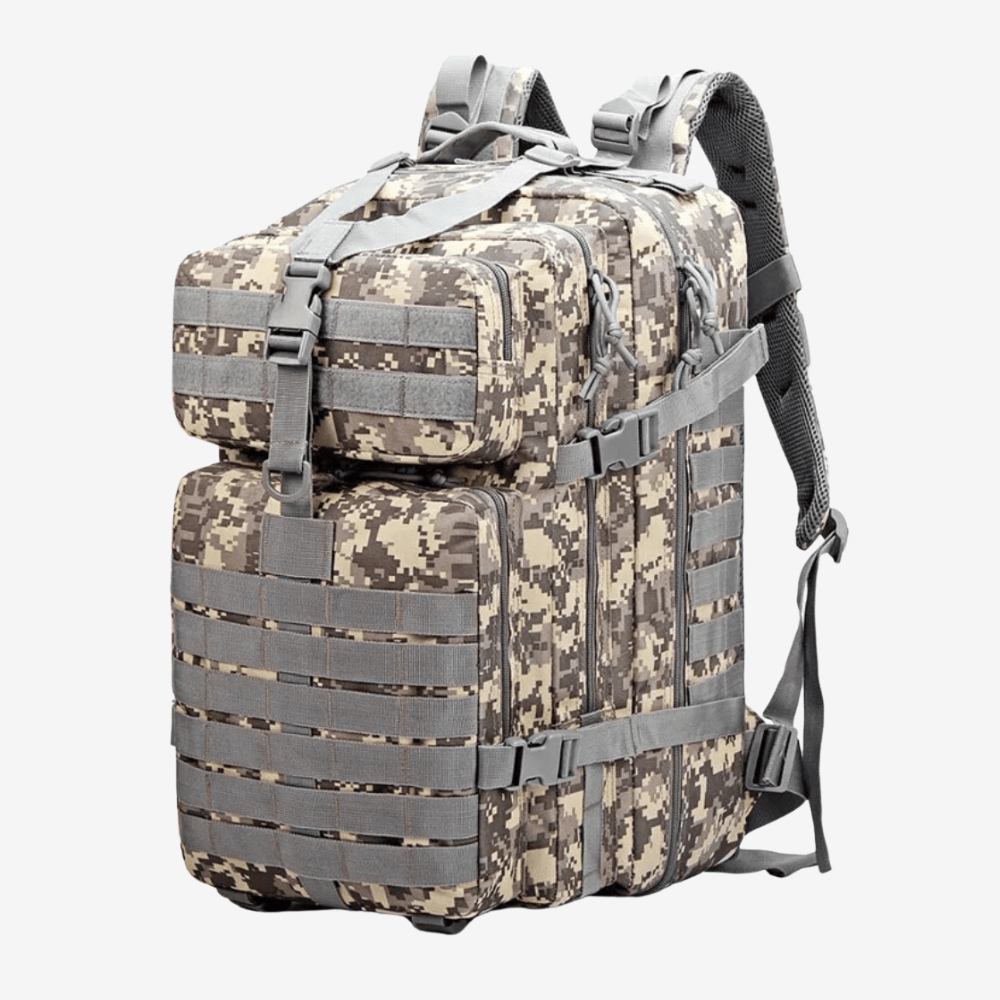 "Sac à dos étanche 50L en nylon robuste, trois compartiments, système MOLLE, idéal pour plein air et randonnées."