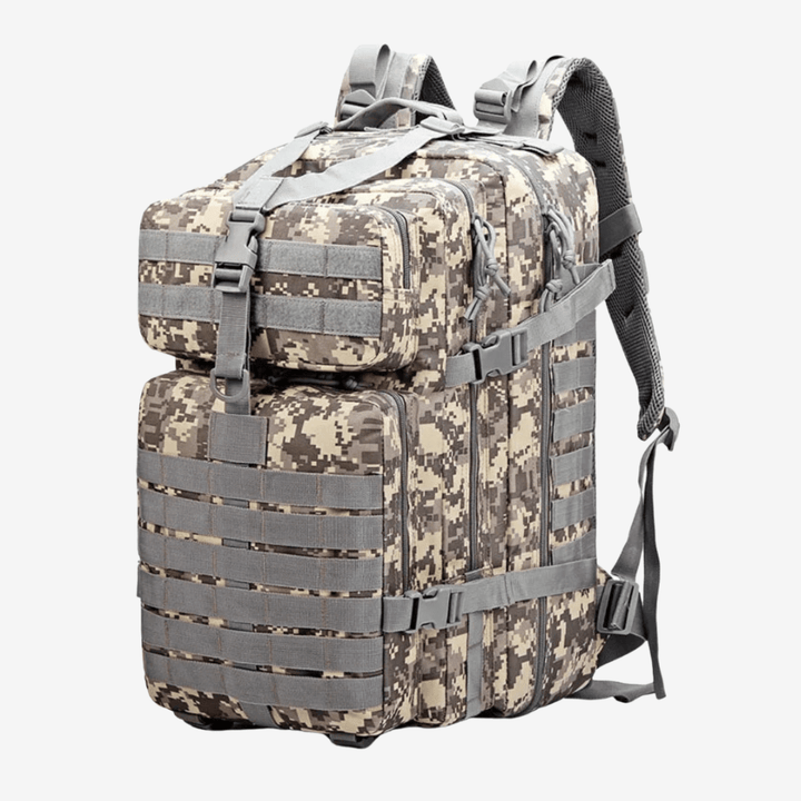 "Sac à dos étanche 50L en nylon robuste, trois compartiments, système MOLLE, idéal pour plein air et randonnées."
