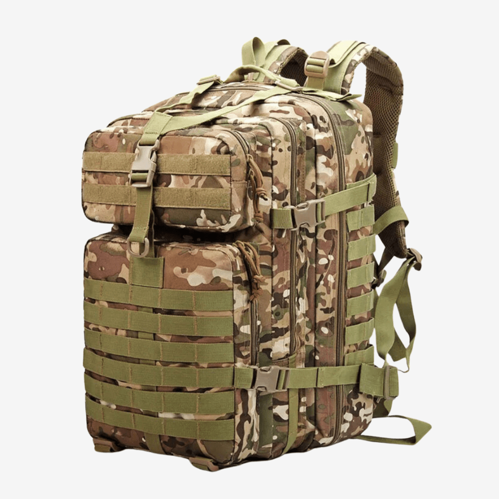 "Sac à dos étanche 50L en nylon robuste, trois compartiments, système MOLLE, idéal pour plein air et randonnées."