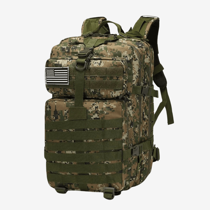 "Sac à dos étanche 50L en nylon robuste, trois compartiments, système MOLLE, idéal pour plein air et randonnées."