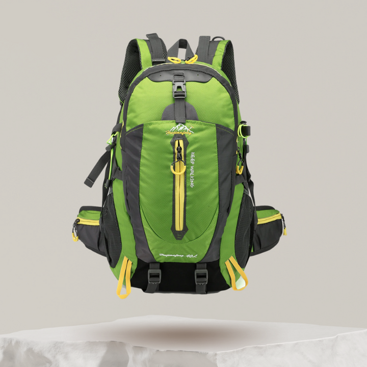 "Sac à dos imperméable 40L gris avec compartiments multiples, idéal pour randonnée et trekking en plein air."