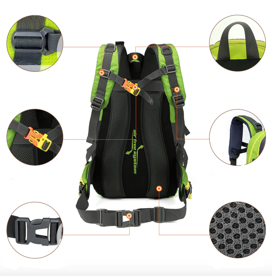"Sac à dos imperméable 40L gris avec compartiments multiples, idéal pour randonnée et trekking en plein air."