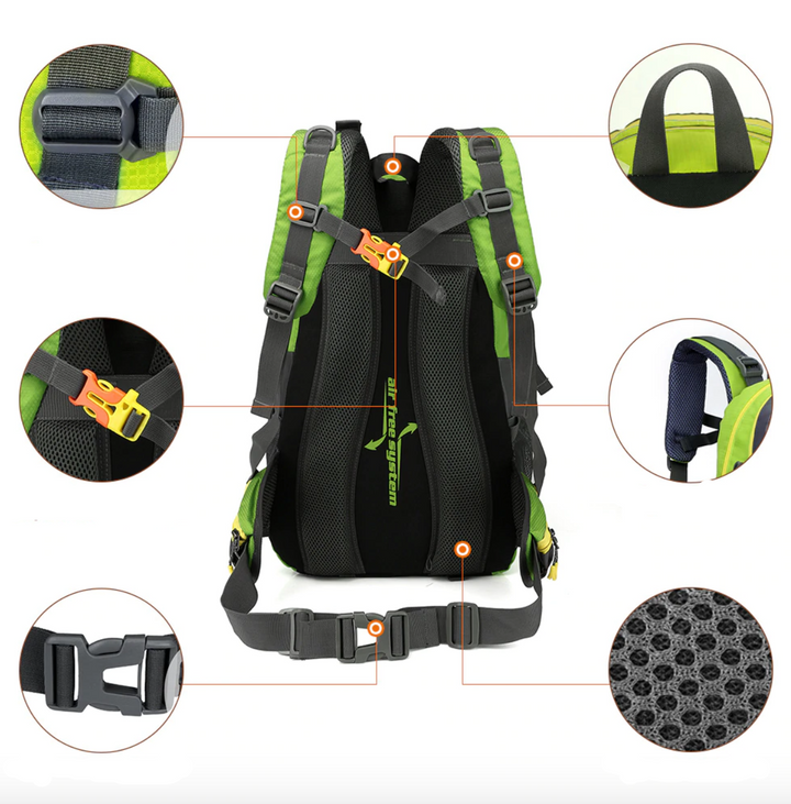 "Sac à dos imperméable 40L gris avec compartiments multiples, idéal pour randonnée et trekking en plein air."
