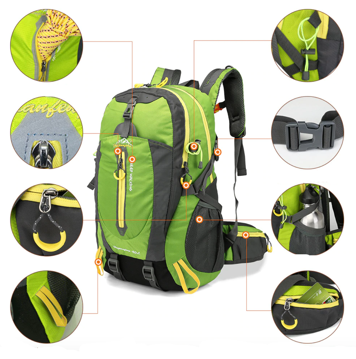 "Sac à dos imperméable 40L gris avec compartiments multiples, idéal pour randonnée et trekking en plein air."