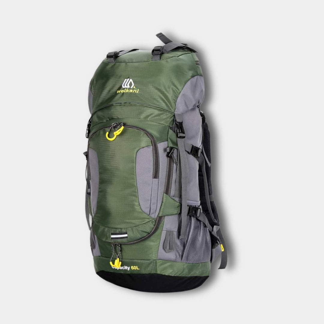 Sac à dos randonnée étanche vert robuste 60L, pour charge lourde, bretelles rembourrées pour aventure en plein air.