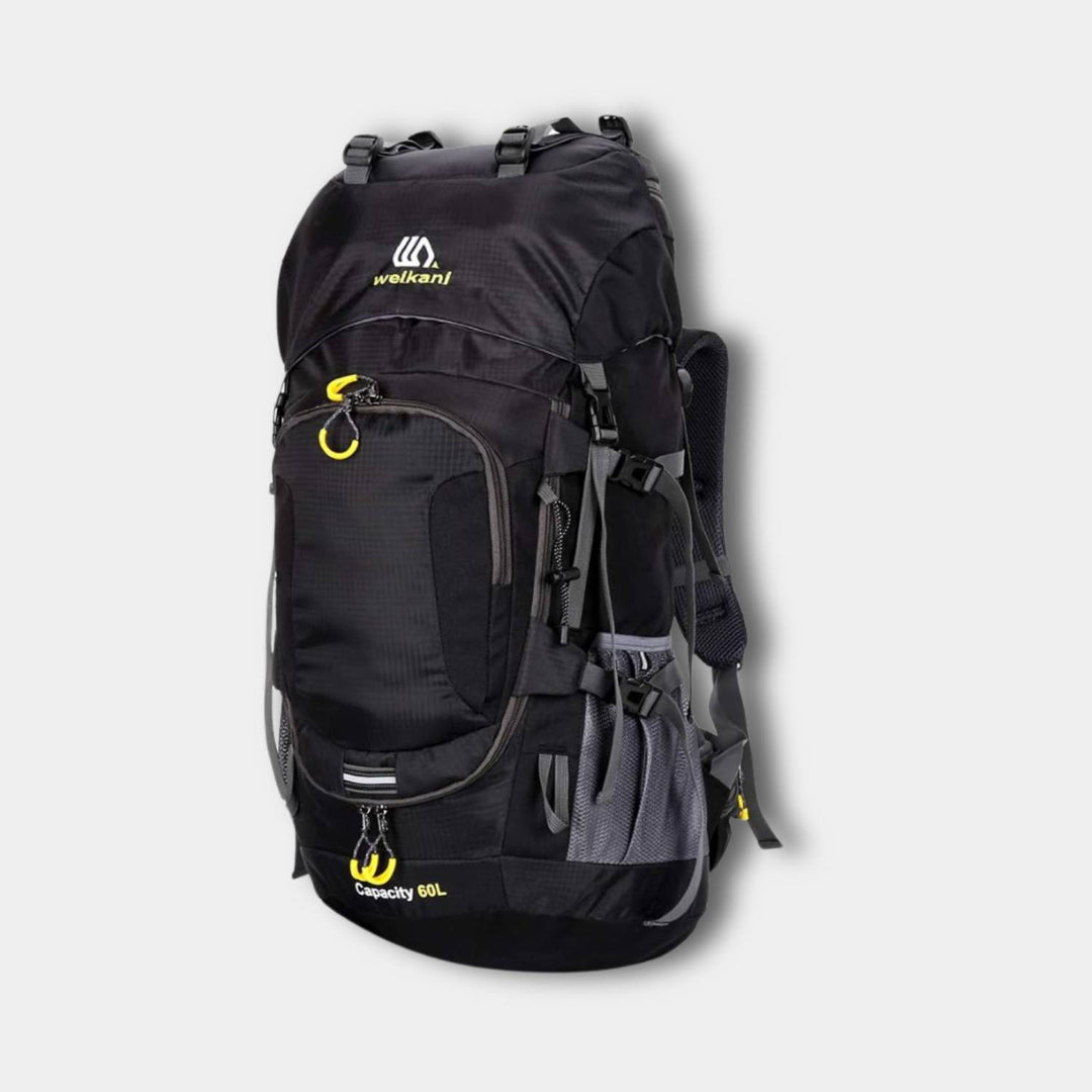 Sac à dos randonnée étanche vert robuste 60L, pour charge lourde, bretelles rembourrées pour aventure en plein air.