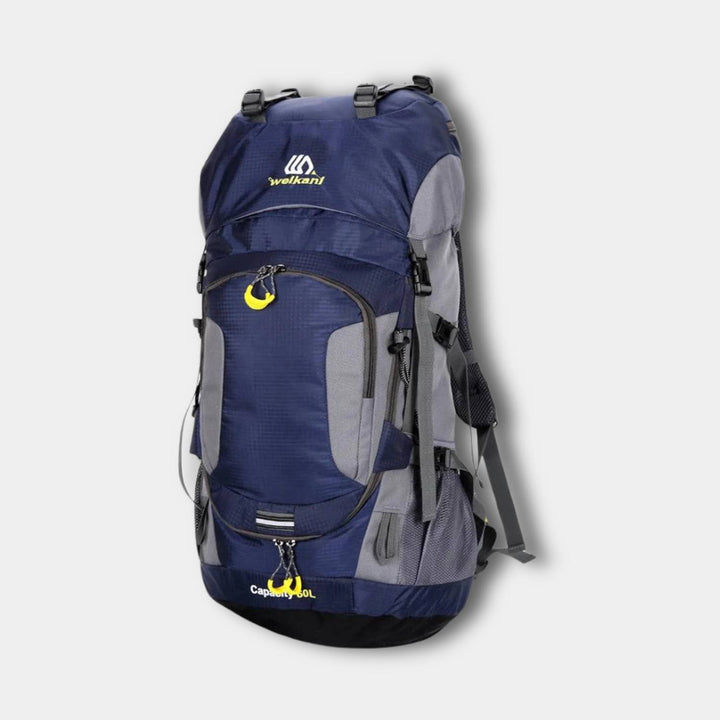 Sac à dos randonnée étanche vert robuste 60L, pour charge lourde, bretelles rembourrées pour aventure en plein air.