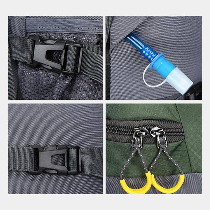 Sac à dos randonnée étanche vert robuste 60L, pour charge lourde, bretelles rembourrées pour aventure en plein air.