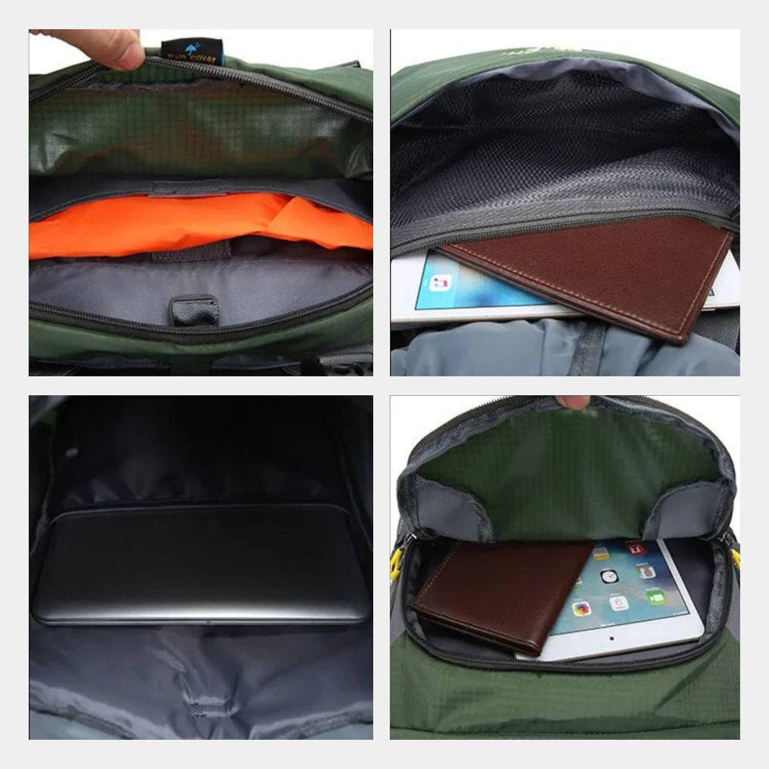 Sac à dos randonnée étanche vert robuste 60L, pour charge lourde, bretelles rembourrées pour aventure en plein air.