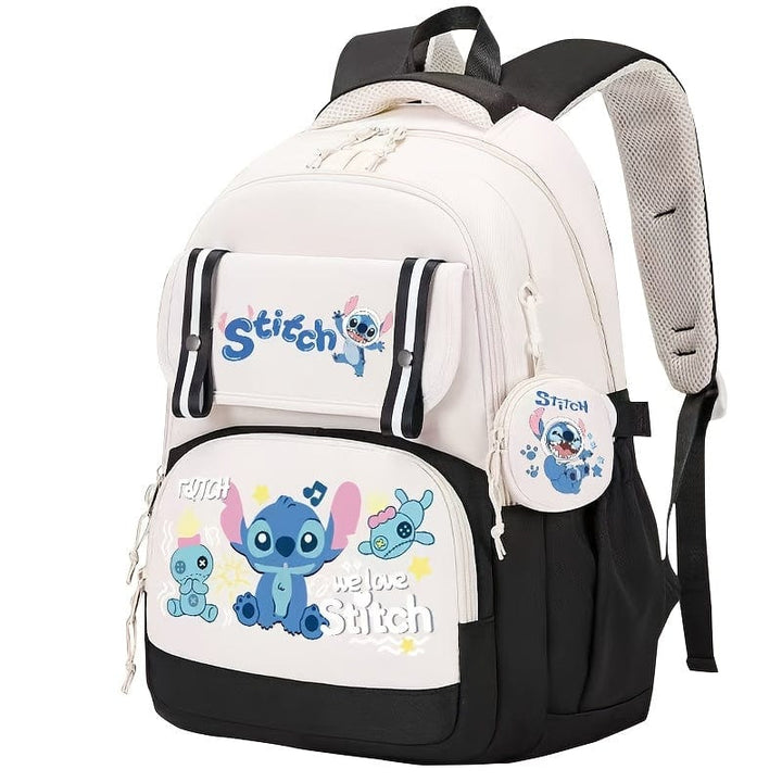 Sac à dos scolaire enfant coloré, grande capacité, design animé, compartiments multiples, confortable, bleu et blanc.